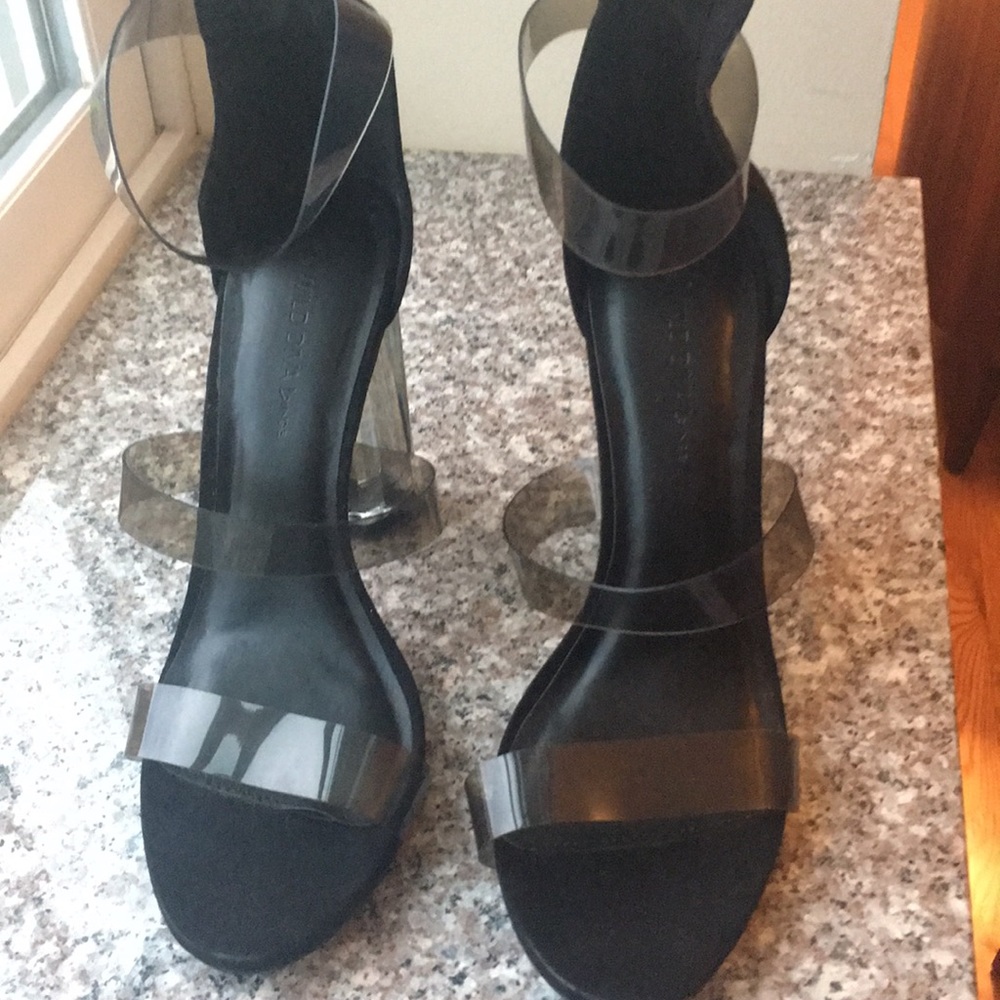Black Suede Sandals with PVC/Lucite Heal